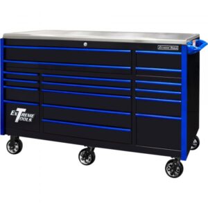 Extreme Tools EXQ Professional Series 17-Drawer Triple Bank Roller Cabinet 72in Black/Blue Model EX7217RCQBKBL