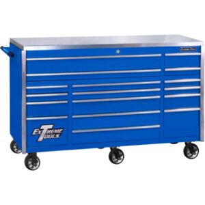 Extreme Tools EXQ Professional Series 17-Drawer Triple Bank Roller Cabinet 72in Blue/Chrome Model EX7217RCQBLCR