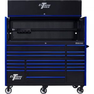 Extreme Tools Professional Hutch and 19-Drawer Roller Cabinet Combo 72in Black/Blue Model RX723020HRKU