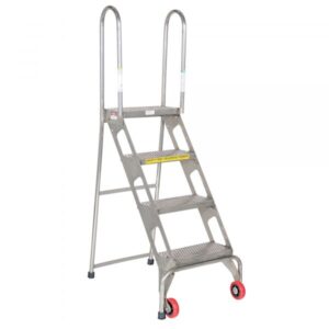 Vestil Folding 4 Step 61.5in Stainless Steel Ladder w/ Wheels 350lb. Capacity